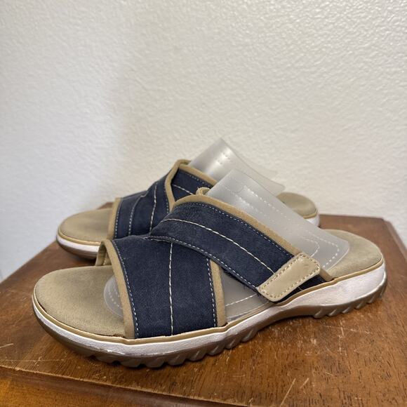 Clarks Womens Canvas Sandals Slide Open Toe Comfort Adjustable Band Blue Tan 6 - Picture 9 of 9